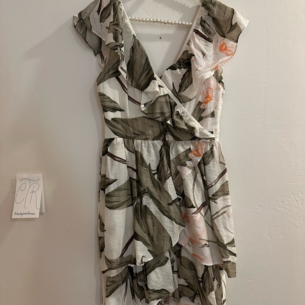 Express Green and Brown Ruffled Wrap Sundress